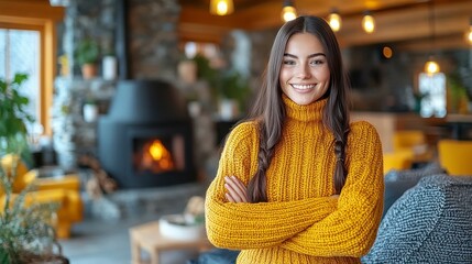A woman with a beaming smile, embracing a moment of success, symbolizing achievement and confidence, ideal for business, motivation, and self-improvement designs.