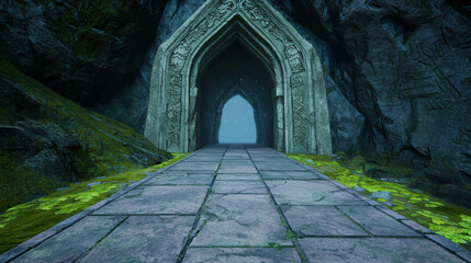 Obraz premium Mystical Ancient Tunnel Carved Into Mountain Surrounded by Lush Greenery