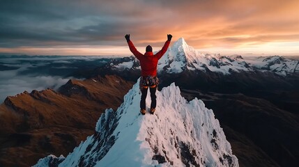 Triumphant Mountain Climber Stands Atop Snow Capped Peak with Breathtaking Alpine Landscape Backdrop  Adventurous explorer raises arms in a proud gesture of achievement