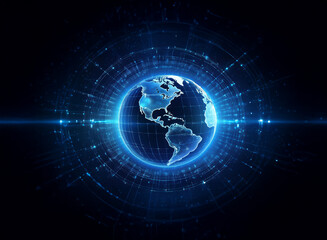 A glowing digital globe, encircled by intricate blue circuitry, symbolizes global connectivity and technological advancement in a dark space.