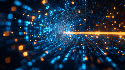 Obraz premium Abstract digital design with glowing fractal patterns and bright colors, evoking a futuristic atmosphere in space, with stars and motion. 