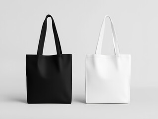 White and black tote bags mockup on a grey background.