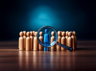 A magnifying glass focuses on a single blue figure among numerous beige figures, highlighting the process of selection and recruitment.  The scene is set on a dark wooden surface with a moody, dramati