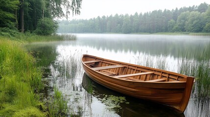 Serene Wooden Rowboat on a Misty Lake