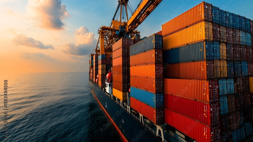 Poster hardworking offshore crane operators efficiently loading and unloading massive containers from a tow