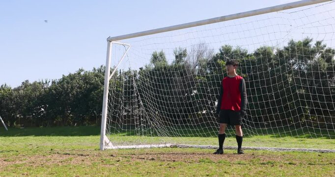 Standing in front of goalpost, soccer player wearing red jersey on field
