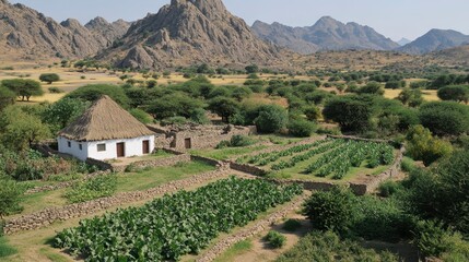 Rural African Village Farmland Landscape with Thatched House Mountains and Stone Walls
