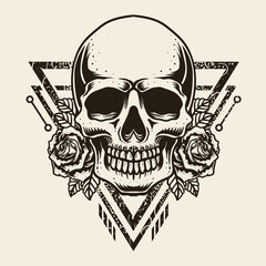 Illustration vintage skull with rose flower. Hand drawn vector good for T shirt, poster and logo