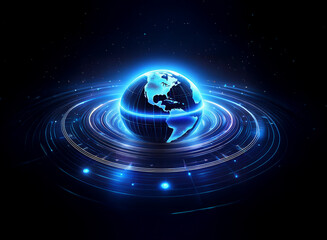 A glowing, dark blue digital earth hovers within concentric, vibrant rings, creating a futuristic, technological representation of our planet.  The image evokes themes of global connectivity and digit