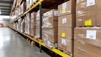 Warehouse Inventory Rows of Cardboard Boxes on Yellow Shelving Logistics and Distribution Center