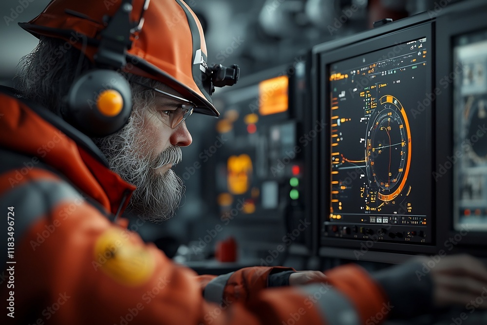 Poster technician in offshore oil rig control center closely analyzing real time process data making precis