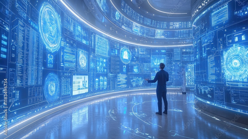 Wall mural a person exploring a futuristic data visualization environment