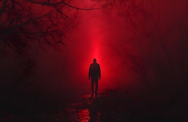 Silhouette of a Man in a Red Foggy Forest