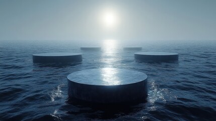 Four dark circular platforms float on a calm sea under a hazy sun.