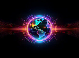 A vibrant, glowing Earth encircled by a futuristic, neon ring against a dark background.  Digital energy streams radiate outwards, symbolizing global connectivity and technological advancement.