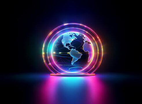 A vibrant, glowing orb depicting Earth encircled by neon rings sits on a reflective platform against a dark backdrop.  The image evokes concepts of global connection and digital technology.