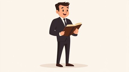 Smiling businessman in suit reading a book.