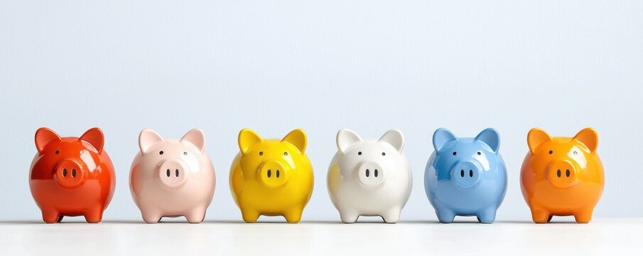A colorful array of piggy banks lined up, symbolizing savings, finance, and financial planning in a minimalistic setting.