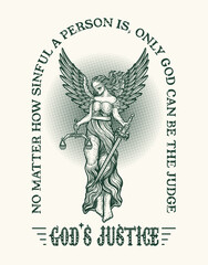 Illustration hand drawn. Justice angel woman with quotes typography