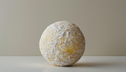 A single round yellow ball covered in white powder sits on a white surface.