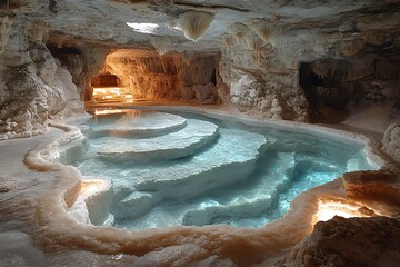 Underground cave pool with blue water and rock formations.