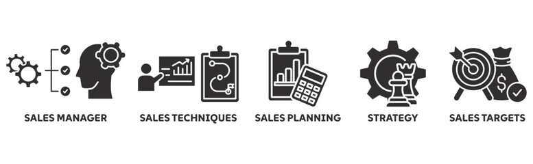Sales Management icon set illustration concept with icon of sales manageer, sales techniques, sales planning, strategy, sales targets	