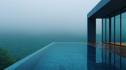 Fototapeta premium Modern Glass House Overlooking Serene Valley With Pool in Misty Atmosphere