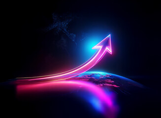 A vibrant, neon arrow ascends from a stylized Earth, symbolizing growth and progress against a dark backdrop.  The arrow's glow suggests energy and positive momentum.