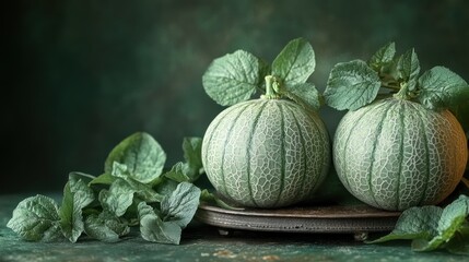 Two whole green melons with leaves on an antique tray against a dark green background.