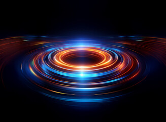 Abstract concentric circles of vibrant blue and orange light radiate outwards on a dark background, creating a mesmerizing, energy-filled visual.  The effect evokes a sense of motion and power.