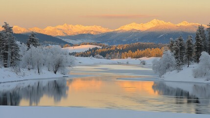 Fototapeta premium Golden Hour Winter Wonderland: Serene River Reflecting Majestic Mountains