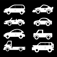 Transporttation vehicles automobile traffic of trasport car van truck White siluete side view pictograms icons set colletions vector flat design black background
