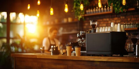Elegant Coffee Machine on Rustic Wooden Counter Emphasizing Cozy Atmosphere Perfect for Morning Rituals and Inviting Coffeehouse Vibe in Home Setting