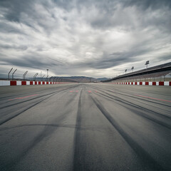 A wide-angle shot of a deserted race track with crisscrossing tire marks on the asphalt