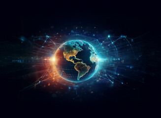Obraz premium A digital rendering of Earth, glowing with vibrant blue and orange energy, showcasing global connectivity and data flow. Intricate network lines radiate outwards, symbolizing a vast interconnected wo