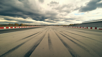 A wide-angle shot of a deserted race track with crisscrossing tire marks on the asphalt