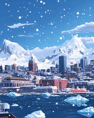Obraz premium Amciville Antarctica Travel Poster Flat Illustration Print Decor Gift Canvas Wall Art Gift