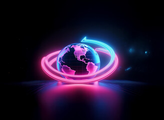 A glowing earth encircled by vibrant pink and blue neon arrows, symbolizing global connection and digital revolution.  The scene is set against a stark black background, enhancing the neon's brillianc