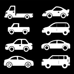 Transporttation vehicles automobile traffic of trasport car van truck White siluete side view pictograms icons set colletions vector flat design black background
