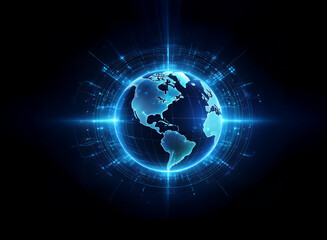 A glowing blue digital Earth, encircled by radiating lines of data, pulses with energy against a dark background.  It symbolizes global connectivity and digital technology.