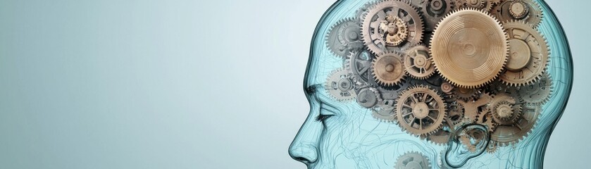 A transparent head silhouette reveals intricate gears within, symbolizing the complexities of the human mind and the interplay of thoughts and mechanics.