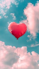 Obraz premium A bright red heart-shaped balloon rises high in a clear blue sky, surrounded by soft, fluffy clouds. Its buoyancy symbolizes love and happiness, creating a dreamy atmosphere