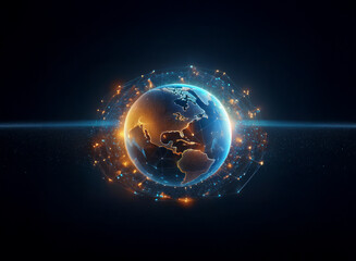 Obraz premium A digitally enhanced image of Earth, glowing with energy, encircled by swirling particles of light. The scene evokes a sense of global connectivity and technological advancement.