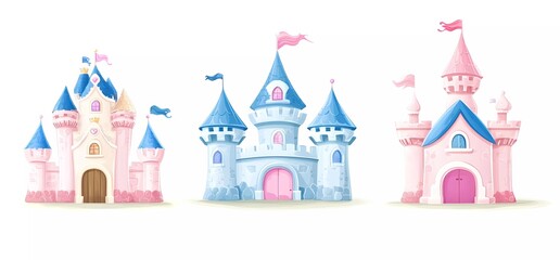 A set of three vector cartoon fairy tale castles, isolated on a white background. Cute castle icons in pink and blue colors with turrets and towers
