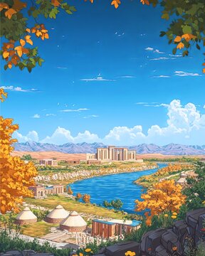 Lebap Turkmenistan Travel Poster Flat Illustration Print Decor Gift Canvas Wall Art Gift