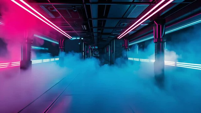 Neon lit corridor enveloped in fog creates a futuristic, immersive atmosphere with dynamic lighting and vibrant colors