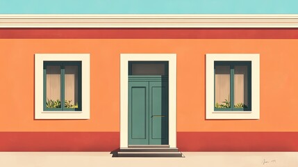 Basic vector design of a house featuring a centered door, two symmetrical windows, and a plain roof. Flat, clean, and minimalist.