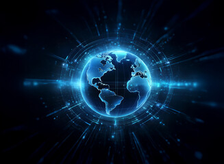 A glowing blue digital globe, encircled by radiating lines of light, set against a dark background.  Suggests global connectivity and technological advancement.