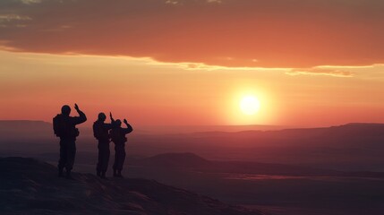 Fototapeta premium Silhouetted soldiers stand in salute as the sun rises over a vast landscape - ai