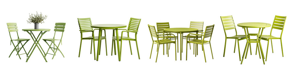 Cozy outdoor dining furniture set with green metal and wood chairs and table perfect for relaxation and alfresco dining on a patio terrace or backyard Inviting and contemporary design in a natural